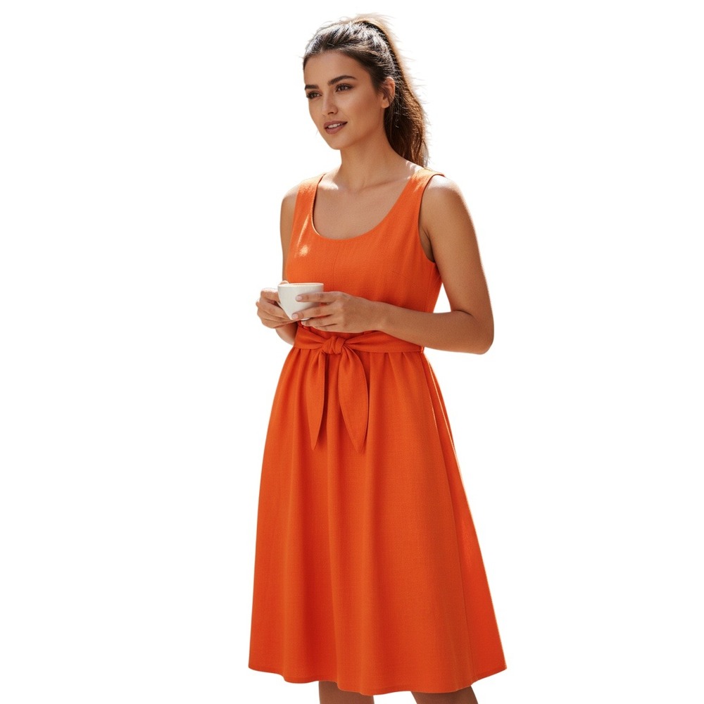NWT‎ 100% Silk Coldwater Creek Orange Midi Dress Sleeveless Tie Waist 10 Elegant